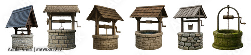 Wishing well set including various stone, wood, and roof styles isolated. Fantasy and rural architecture elements.