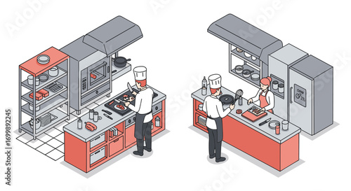 Isometric commercial kitchen interior with chefs cooking in modern restaurant setting