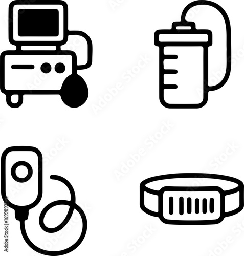 A collection of medical and health-related devices, including a monitor, a drainage bag, a call button, and a wearable tracker.