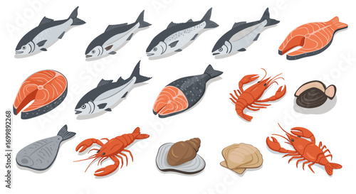 Variety of seafood: fish, lobsters, and shells in colorful flat style