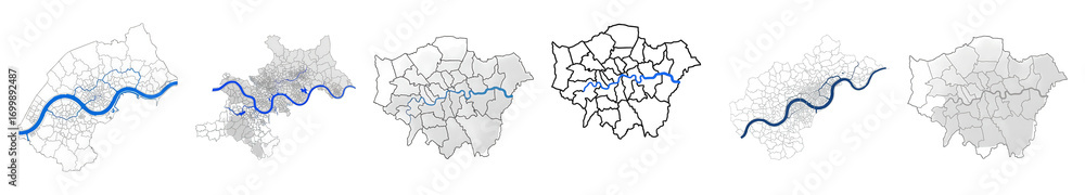 Fototapeta premium London map set including boroughs, River Thames, and outline variations isolated. Geographical data and urban planning.
