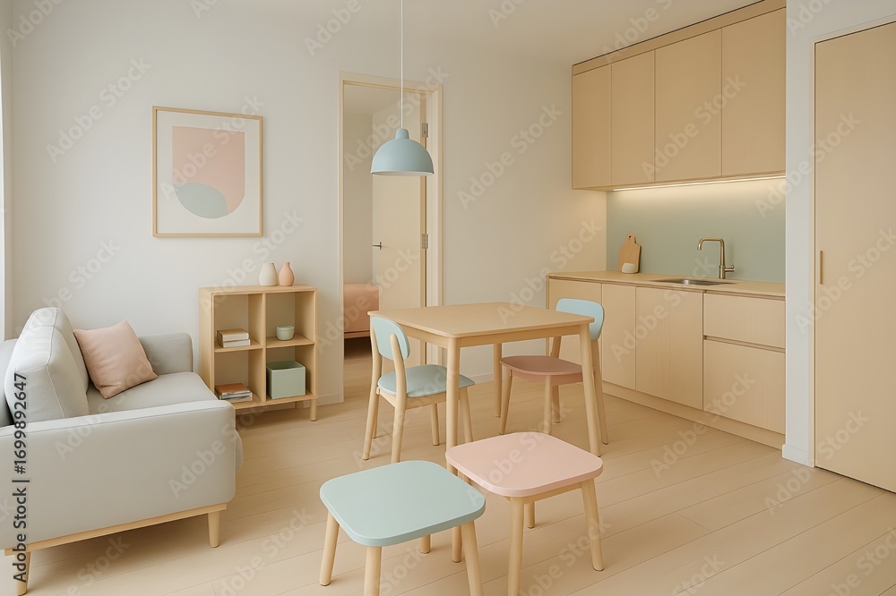 Fototapeta premium Scandinavian micro-home with pastel accents and modular furniture
