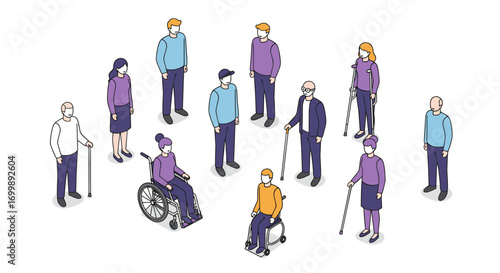 Diverse group of people with disabilities in isometric style