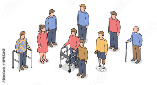Inclusive community: diverse individuals with mobility aids in isometric design