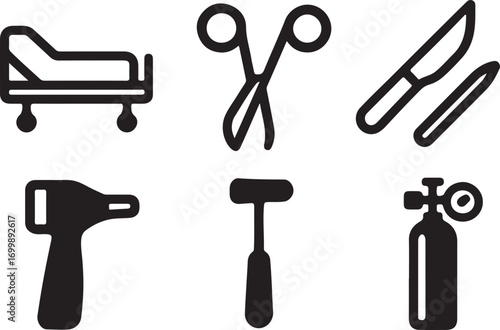 Collection of six black and white icons depicting various medical and hospital equipment.