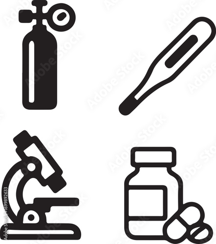 A collection of four black and white icons representing medical and scientific equipment: an oxygen tank, a thermometer, a microscope, and a pill bottle with capsules.