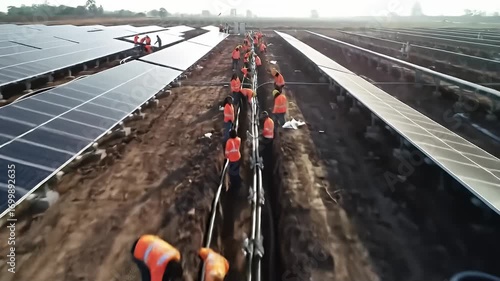 Workers installing solar panels in a vast field, showcasing teamwork and renewable energy efforts