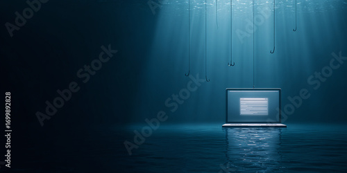 Laptop underwater surrounded by fishing hooks digital phishing danger concept - AI generated