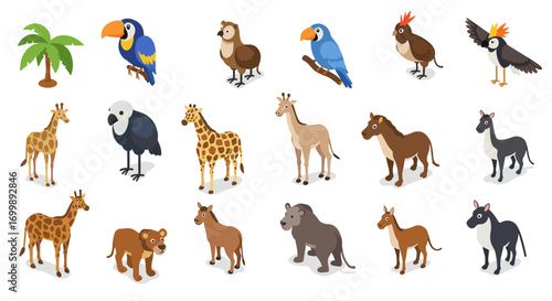 Diverse isometric animal collection featuring birds and mammals