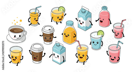 Adorable cartoon beverages: playful drinks with smiling faces in a fun and vibrant style