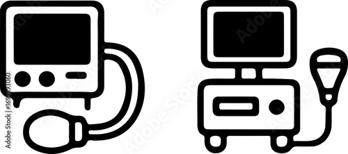 Medical diagnostic equipment icons showing a blood pressure monitor with cuff and an ultrasound machine with a probe and screen.