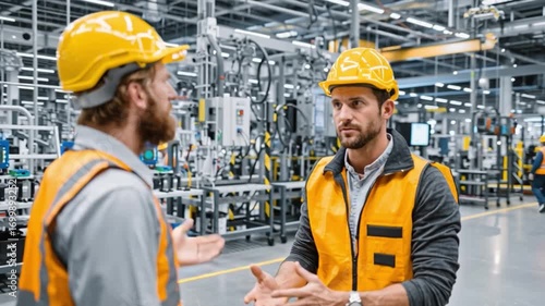 Two workers discussing issues inside the industrial facility. They're dressed in construction vests and hard hats, symbolizing safety and teamwork