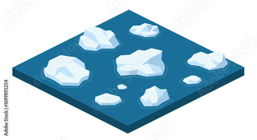 Isometric icebergs floating in ocean water on blue platform