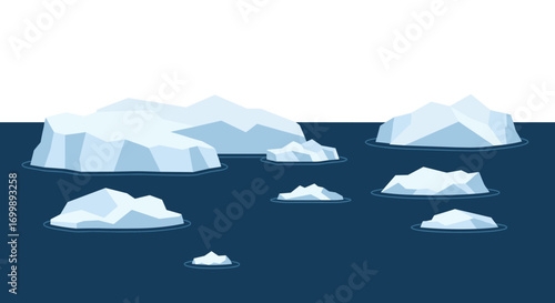 Minimalistic icebergs floating in blue ocean