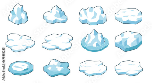 Collection of flat arctic icebergs and frozen platforms for nature design