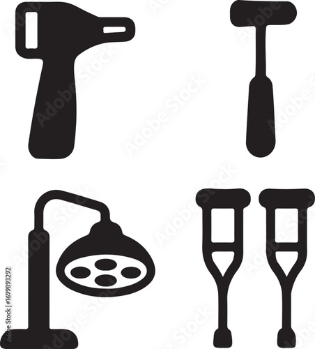 A collection of medical instruments and equipment including an otoscope, reflex hammer, surgical lamp, and crutches.
