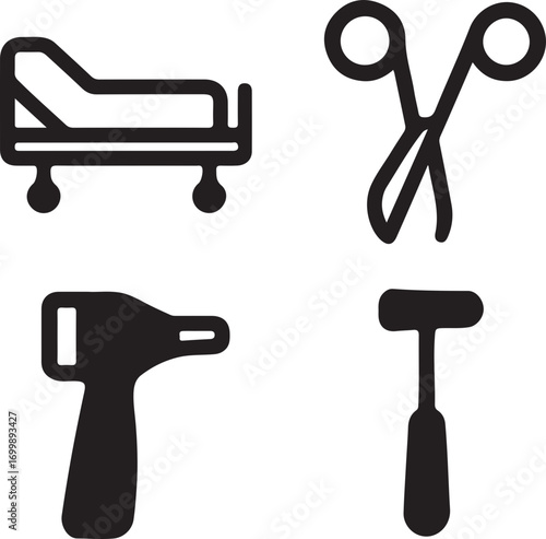 A collection of medical tools and equipment including a hospital bed, surgical scissors, an otoscope, and a reflex hammer.
