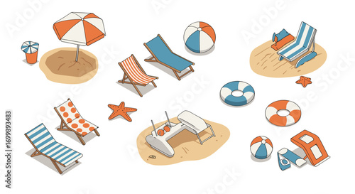 Beach essentials collection with umbrellas, chairs, and beach balls in a flat cartoon design