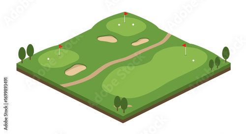Isometric golf course with flags, trees, and sand traps
