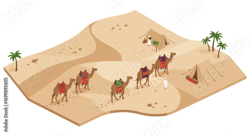 Isometric caravan in desert landscape with tents and palm trees