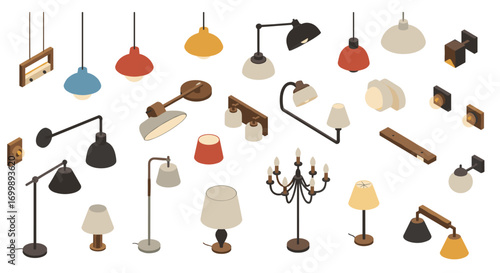 Isometric collection of diverse modern and classic lamps on white background
