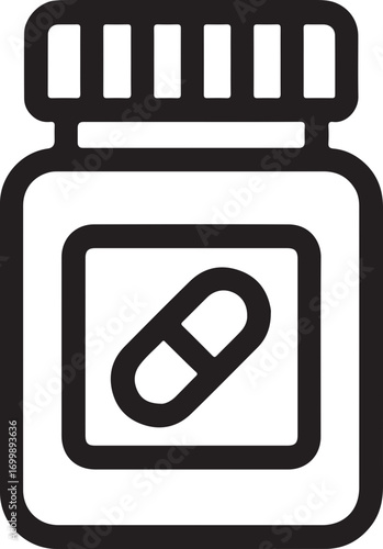 Outline icon of a medicine bottle with a single capsule depicted on its label, representing medication or health.