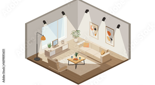 Modern isometric living room interior with scandinavian design elements