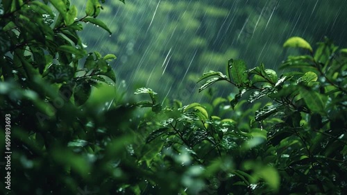 Rain pouring down on lush green leaves, creating a refreshing atmosphere. The water droplets add a sense of serenity to the scene