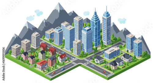 Isometric urban cityscape with skyscrapers and residential buildings surrounded by mountains and roads