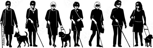 Blind women walking svg, Blind girls svg, Blind women walking silhouette, Blind girl silhouettes, Blind people walking svg, Blind person walking silhouette, Blind women vector set