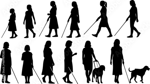 Blind women walking svg, Blind girls svg, Blind women walking silhouette, Blind girl silhouettes, Blind people walking svg, Blind person walking silhouette, Blind women vector set
