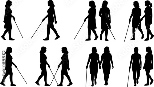 Blind women walking svg, Blind girls svg, Blind women walking silhouette, Blind girl silhouettes, Blind people walking svg, Blind person walking silhouette, Blind women vector set