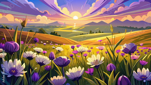 Stunning wide grassland panorama showcasing purple and white wildflowers. Close-up perspective highlights intricate petal textures, bathed in warm golden light, evoking peace, natural grace, and timel