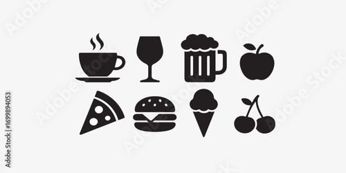 Print  A creative vector collection of food and drink silhouettes including coffee cup, wine glass, beer mug, pizza slice, burger, ice cream cone, and fruit shapes, bold black flat design on white 