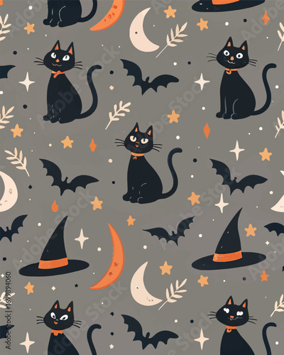 A pattern of black cats with their backs arched, classic witch hats and mystical stars scattered between them. For packaging, textiles, digital paper, web banners, any products to celebrate Halloween