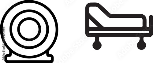 Line art icons depicting a target or webcam and a hospital bed with wheels, symbolizing diverse concepts from sports to healthcare.