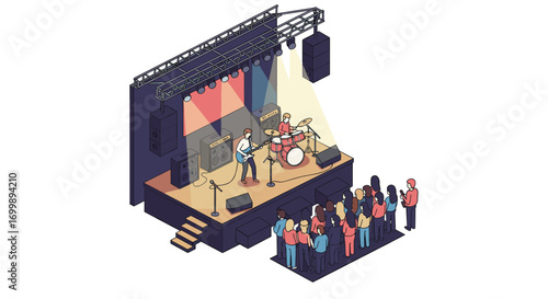 Energetic live concert scene with isometric band performance