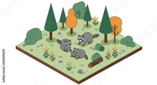 Isometric forest scene with playful raccoons among autumn trees and plants