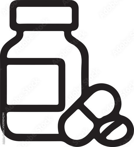 Line art icon of a medicine bottle with a cap and two pills next to it, representing pharmaceuticals or health.