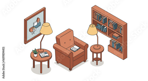 Cozy reading nook with armchair and bookshelves in isometric style