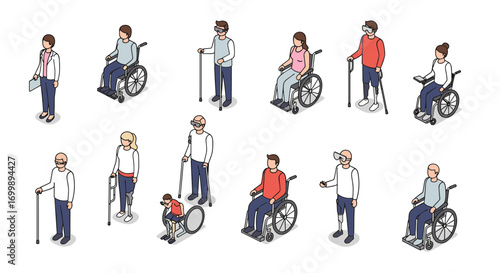 Isometric people with disabilities using mobility aids in diverse situations for inclusivity and awareness