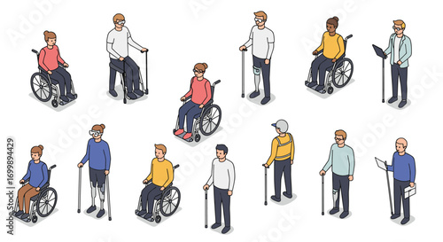 Diverse people with mobility aids in isometric design on white background