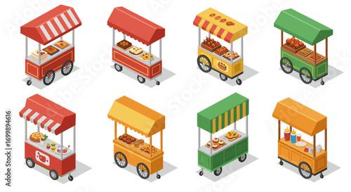Colorful food cart collection showcasing street cuisine in vibrant isometric style
