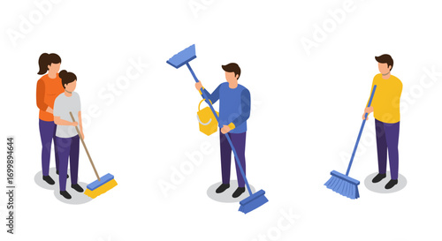 Isometric people cleaning with brooms and mops on white background