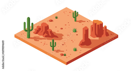 Isometric desert landscape with cacti and rock formations in low poly style