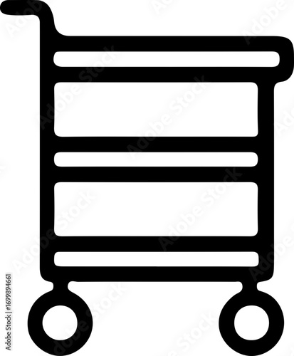 Simple black outline icon of a two-shelf utility cart or shopping trolley with two wheels, often used in retail or e-commerce.