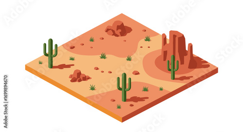 Isometric desert scene with cacti and rocks in warm earth tones