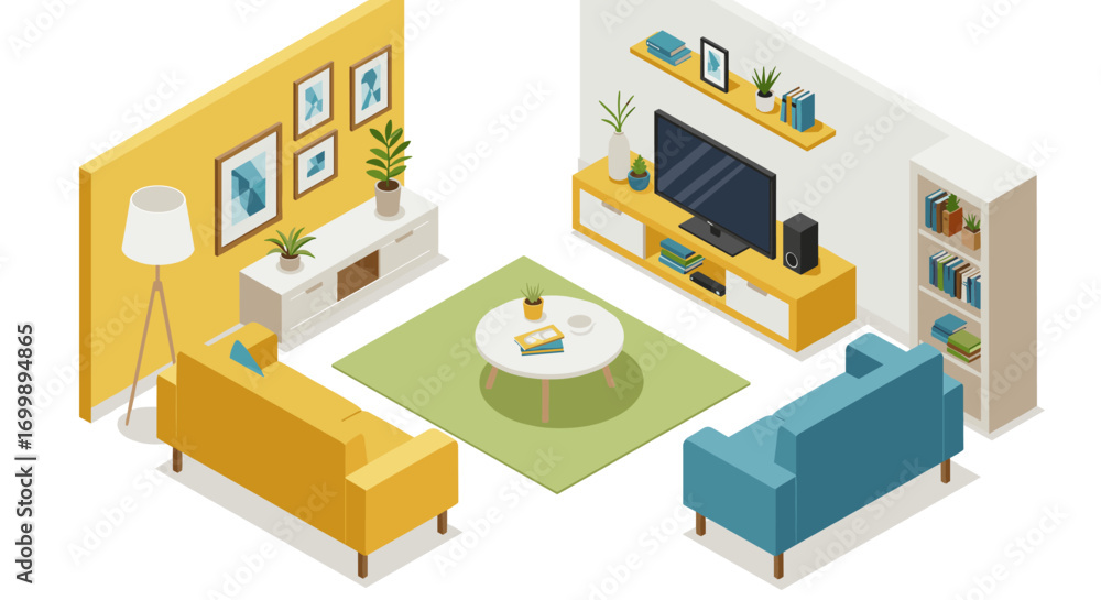 Fototapeta premium Modern isometric living room interior with minimalist design and furniture
