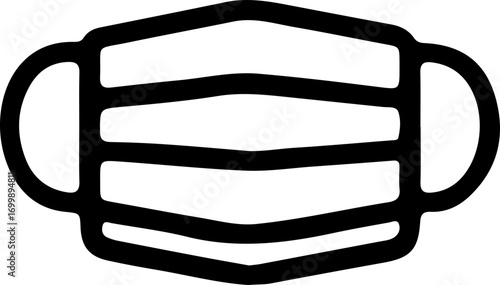 Simple black outline icon of a protective face mask with ear loops, representing health and safety.