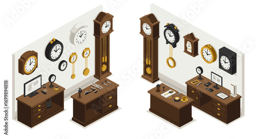 Isometric workshop with vintage clocks on display and restoration tools
